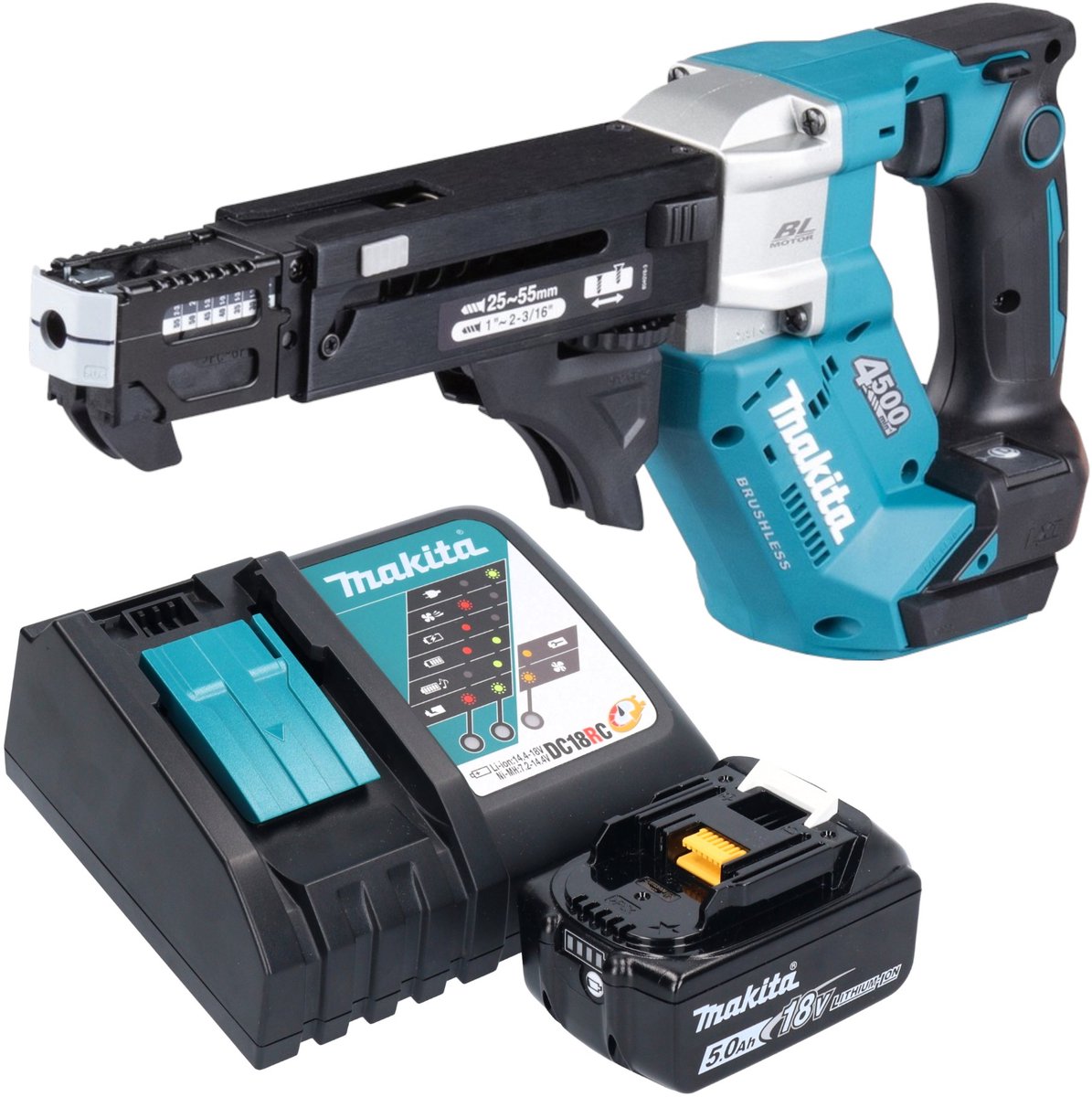 Makita DFR 552 RT1 accu-magazijnschroevendraaier 18 V 25 - 55 mm borstelloos + 1x oplaadbare accu 5.0 Ah + lader