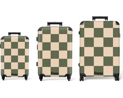 NoBoringSuitcases.com NoBoringSuitcases.com® - Kofferset 3 delig - Koffer lichtgewicht - Groen met beige schaakbord print - Reiskoffer set met 4 wielen - Koffers met TSA slot