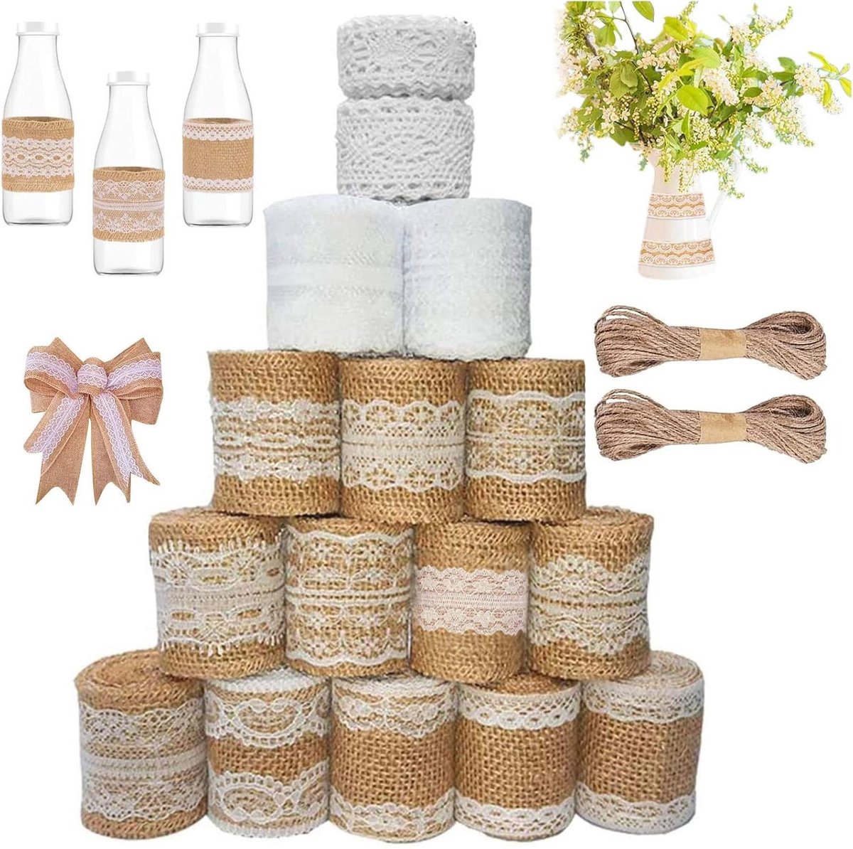 ByShane - Jute lint rol met kant - 16 rollen - 20 meter jute koord - geschenkverpakking bruiloft diy knutselen