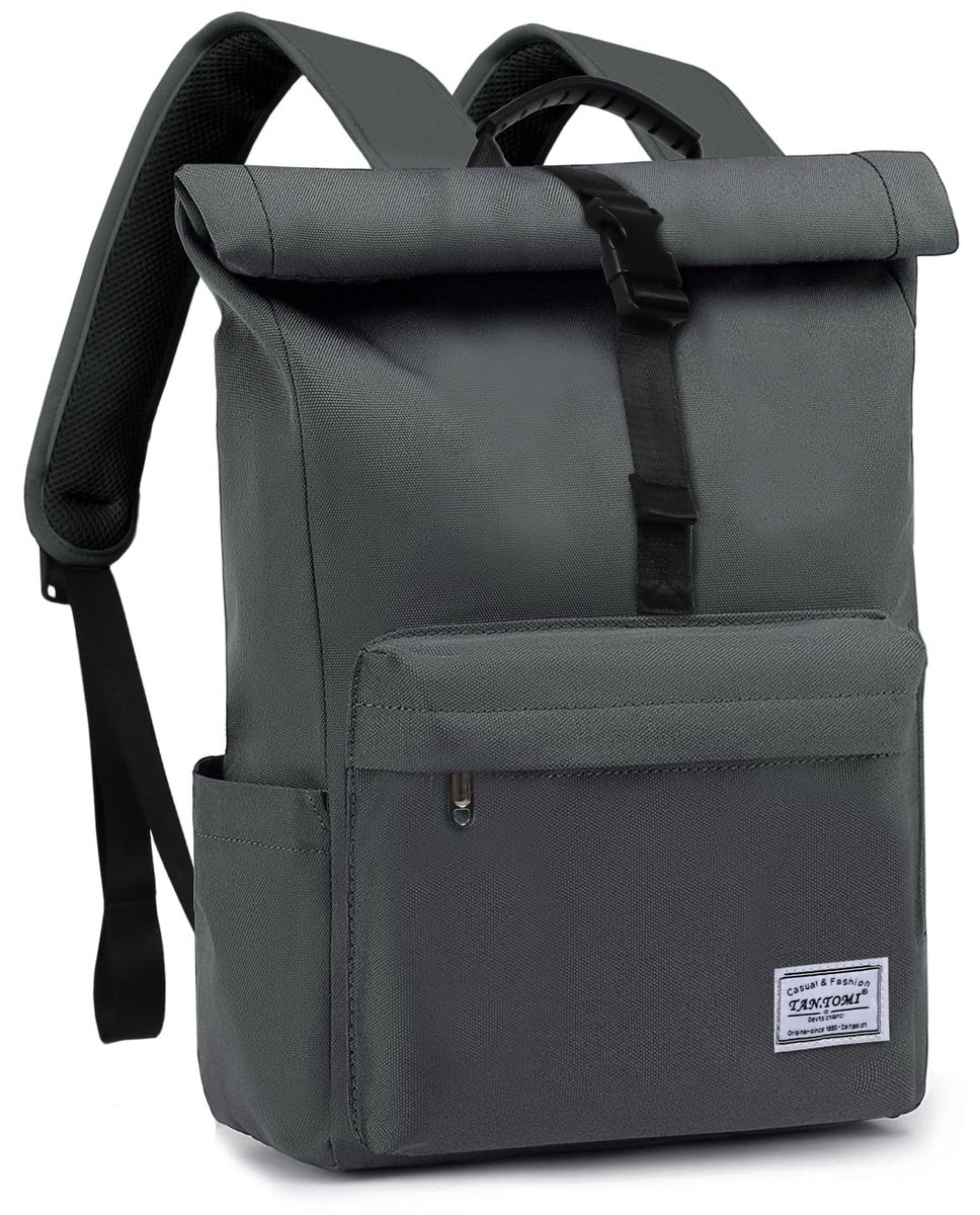TANTOMI rugzak voor dames en heren, laptoprugzak 15,6 inch, laptoprugzak voor dames en heren die wijd open kan, waterdichte rugzak met oprolbare bovenkant, dagrugzak voor school, fietsen, vrije tijd en reizen.