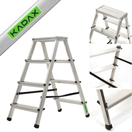 KADAX Huishoudladder, trapladder in 5 versies, vouwladder met draagvermogen tot 125 kg, inklapbare dubbelzijdige multifunctionele ladder, aluminium ladder met antislip voeten (4 treden