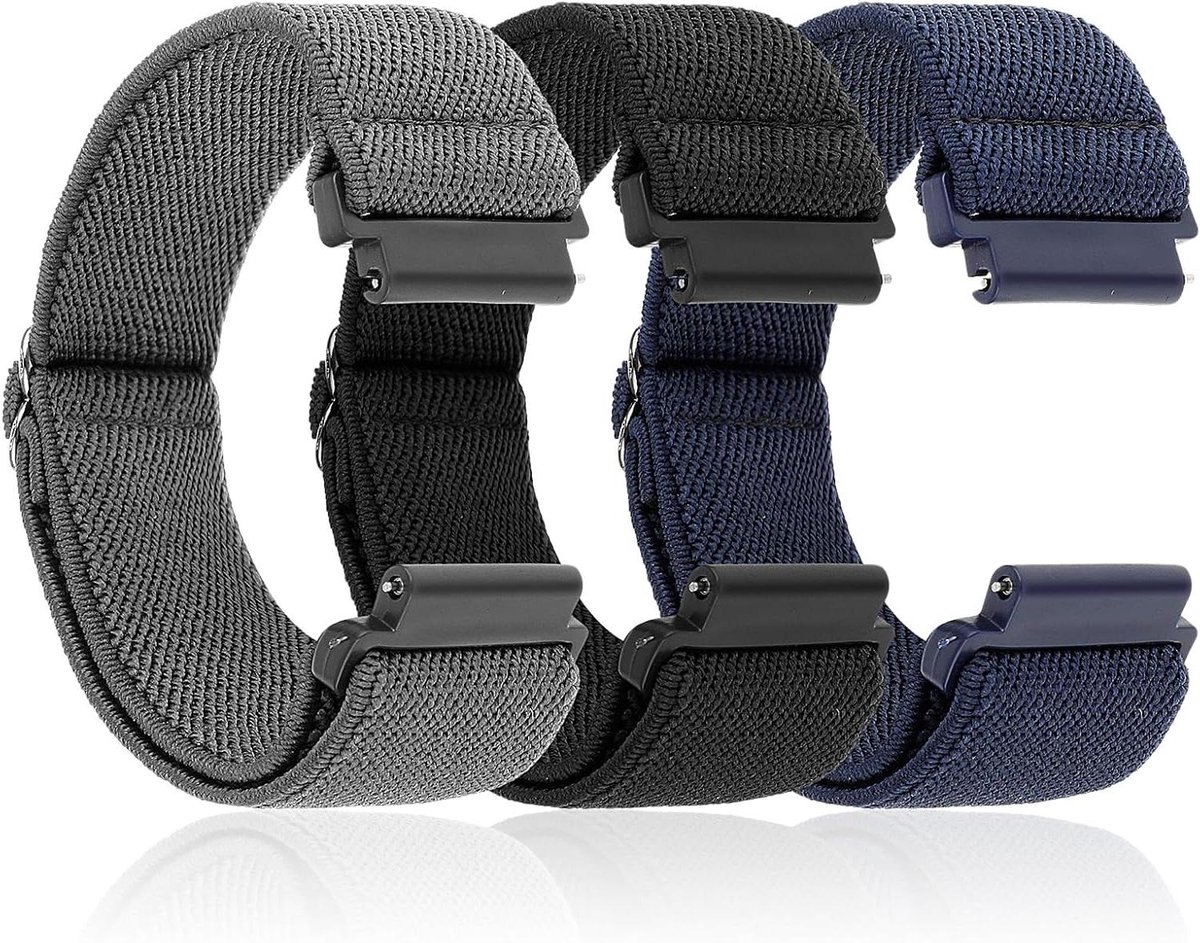 ByShane - Elastische nylon polsbandjes - Set van 3 - 20 mm horlogeband vervanging - Verstelbaar en sportief - Rekbare banden voor mannen
