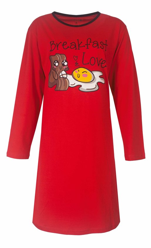 Chemise de nuit rouge à manches longues pour femme avec le texte "Breakfast & Love" et un imprimé de barre de chocolat et d'œuf.
