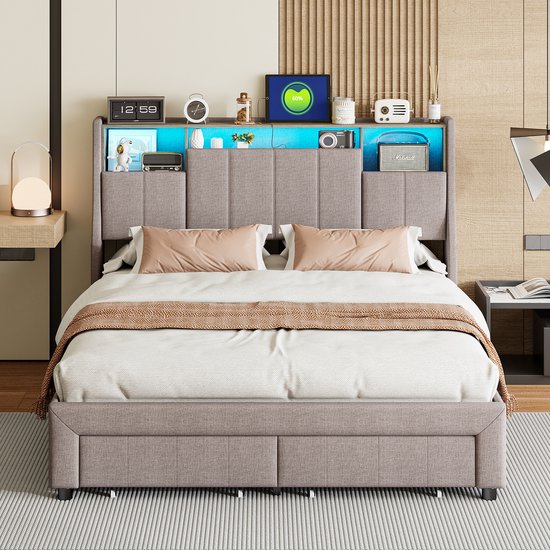Gestoffeerd tweepersoonsbed 140x200 cm met LED en USB - hoofdbord met opbergruimte, 2 laden en lattenbodem, voor volwassenen en tieners, zonder matras, linnengrijs