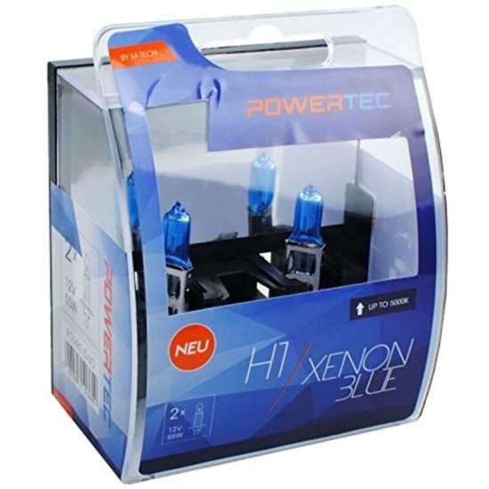 Verpakking van twee Powertec H1 Xenon Blue autolampen, 12V 55W, met blauwe gloed.