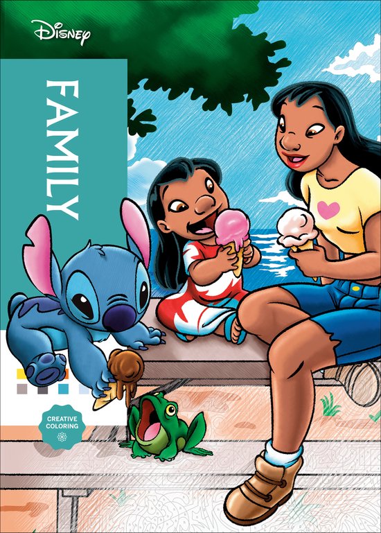 Disney FAMILY CREATIVE COLORING boek met Lilo, Stitch, Nani en een kikker die ijs eten