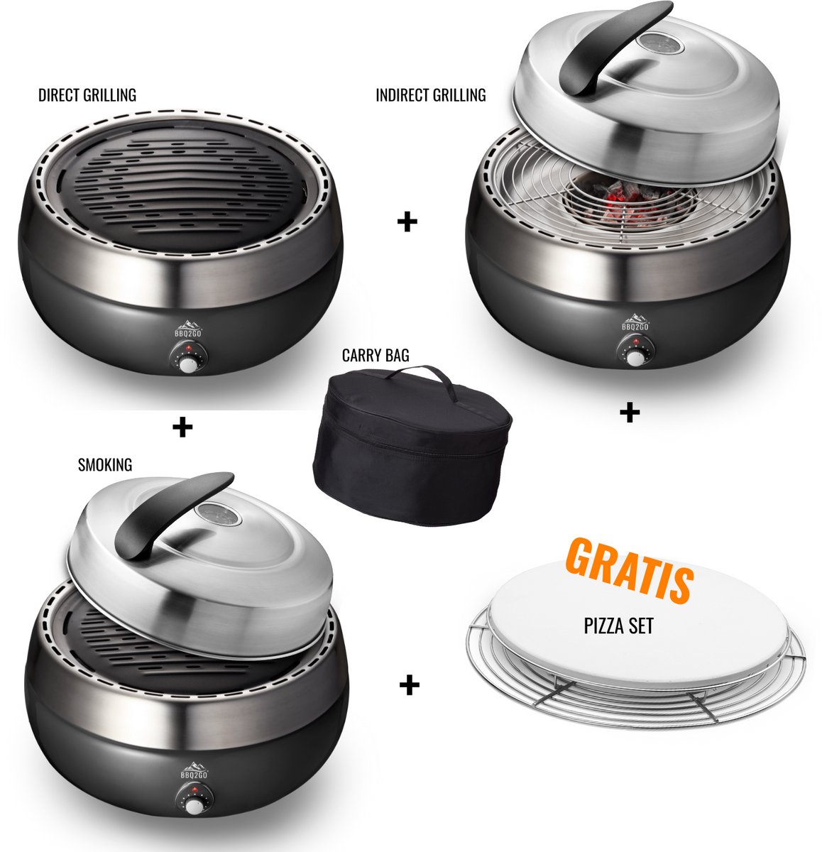 BBQ2GO SET2025 - Rookvrije Houtskool Tafelbarbecue - Direct en Indirect grillen en smoken, GRATIS Pizzaset & Draagtas - Ø30cm