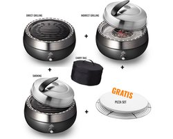 BBQ2GO SET - Rookvrije Houtskool Tafelbarbecue - Direct en Indirect grillen en smoken, met deksel en GRATIS Pizzaset & Draagtas - Ø30cm