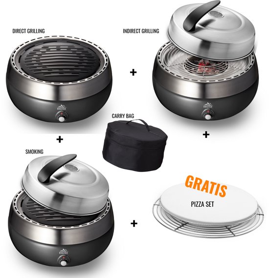 BBQ2GO SET2025 - Rookvrije Houtskool Tafelbarbecue - Direct en Indirect grillen en smoken, GRATIS Pizzaset & Draagtas - Ø30cm