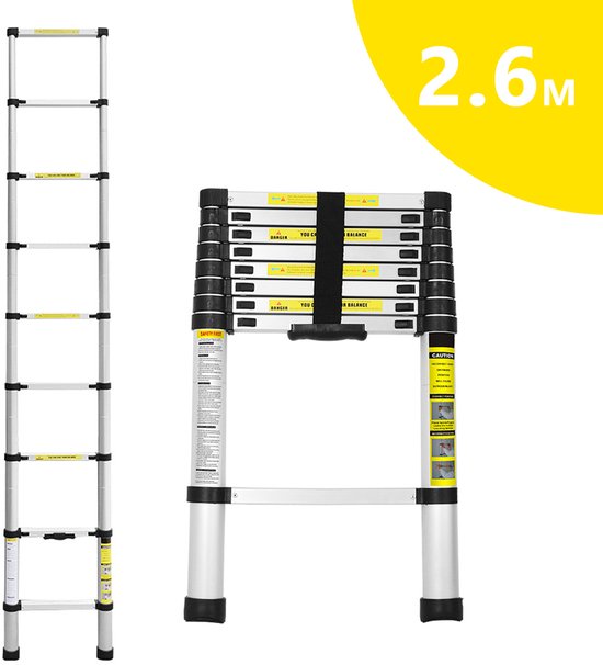 Foto: Telescopische ladder telescoopladder 2 6 m zilver max belasting 150 kg compact en draagbaar met soft closing systeem geschikt voor particulier en professioneel gebruik telescopische vouwladder
