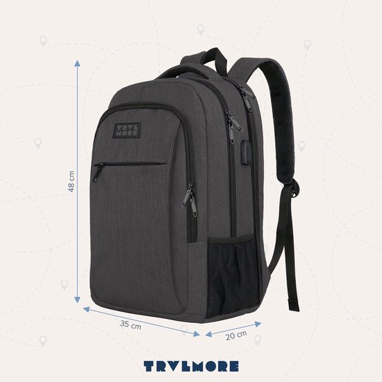 Afmetingen van de donkergrijze rugzak: 48 cm hoog, 35 cm breed en 20 cm diep. De tas heeft een USB-poort.