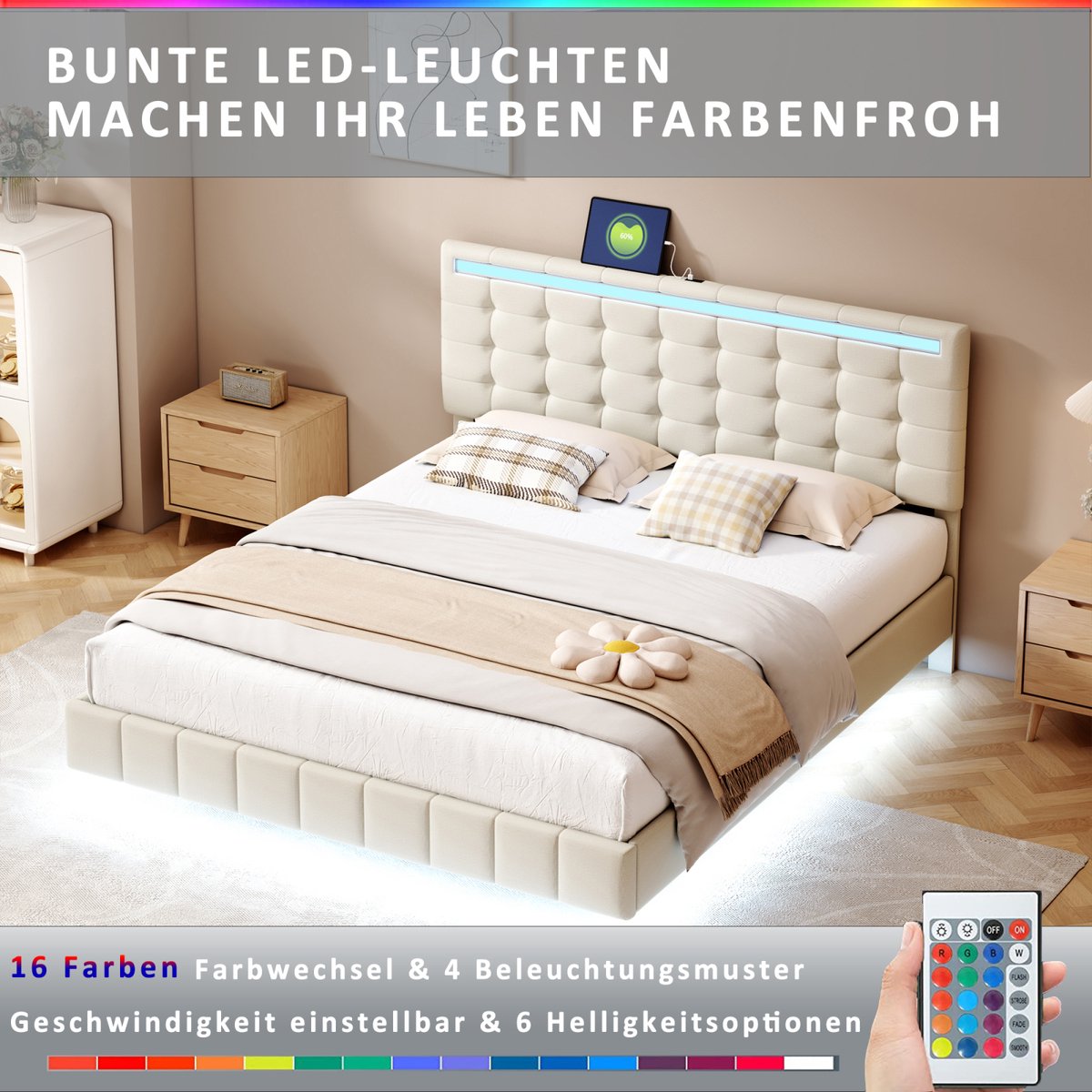Zwevend bed met LED-verlichting en 2 USB-oplaadfuncties, gestoffeerd bed 140x200 cm, tweepersoonsbed met lattenbodem en verstelbaar hoofdeinde, linnen, beige