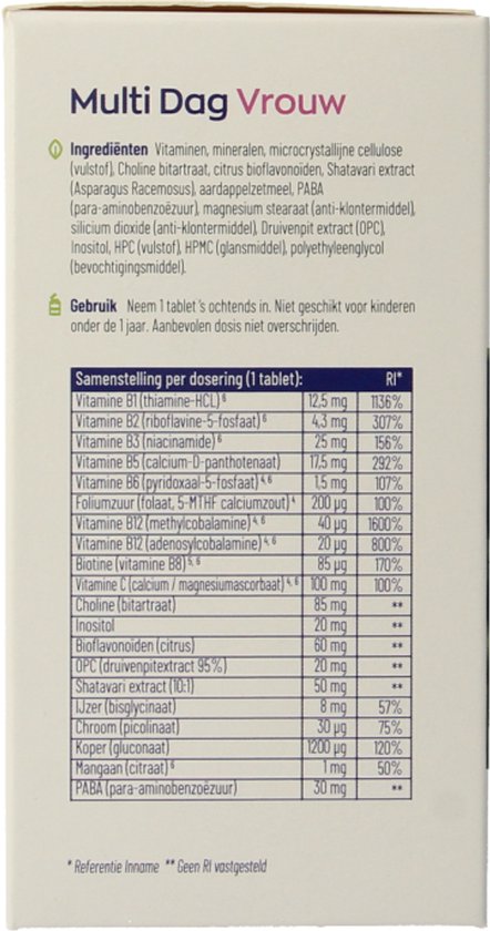 Ingrediëntenlijst voor Vitakruid Multi Dag Vrouw. Bevat diverse vitaminen, mineralen, bioflavonoïden, OPC, chroom.