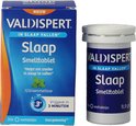 Valdispert Slaap Smelttabletjes flesje en doosje. Flesje met witte dop. Doosje met blauwe en oranje golven.
