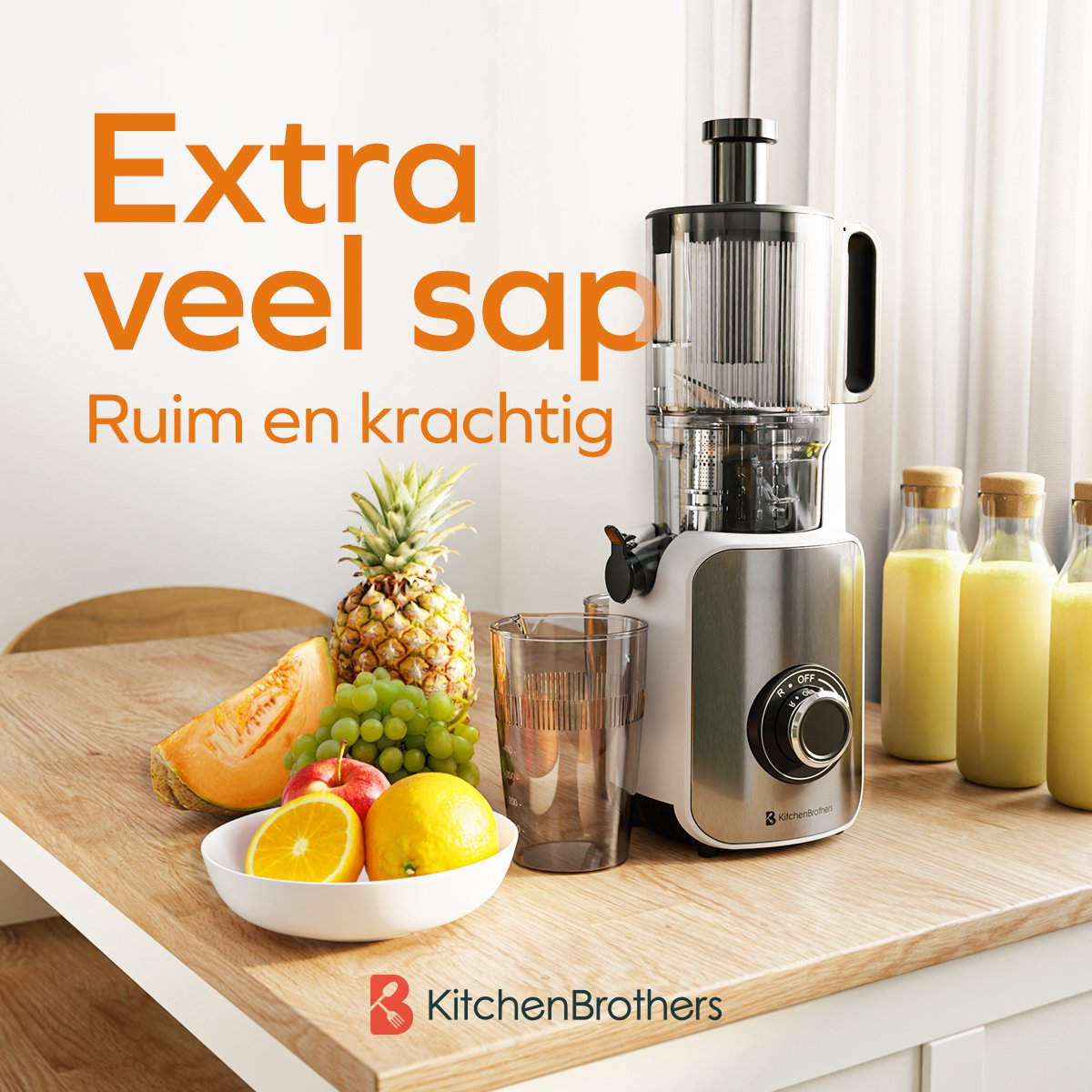 KitchenBrothers Slowjuicer - Sapcentrifuge - XXL Vulopening - Verticaal - Juicer - Groenten en Fruitpers - 126 mm - 750 ml - Pearl White / Wit thumbnail 2