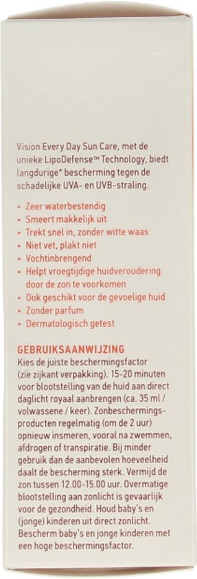 Verpakking van Vision Every Day Sun Care met LipoDefense Technology, SPF 30. Beschrijft de voordelen.