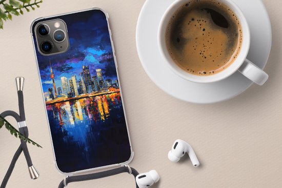 Étui de téléphone adapté à iPhone 12 pro bandoulière - Skyline Toronto - Moderne - City Light - Blauw - Siliconen - Bandoulière - Coque arrière avec cordon - Étui de téléphone avec cordon - Étui avec corde Étui de téléphone