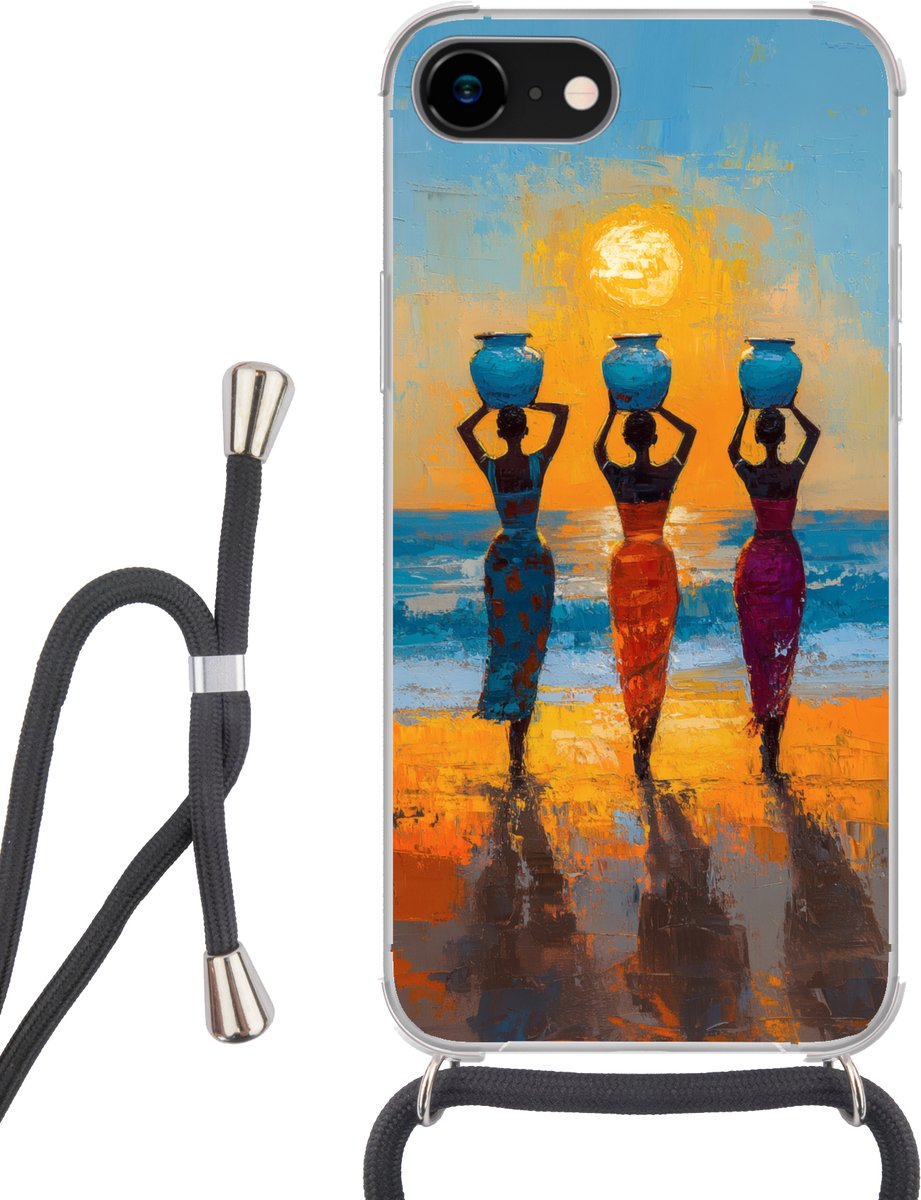 Telefoonhoesje Geschikt voor iPhone 8 - Vrouwen - Strand - Zondsondergang - Siliconen - Crossbody - Backcover met Koord - Telefoonhoesje met koord - Hoesje met touw Telefoonhoesje