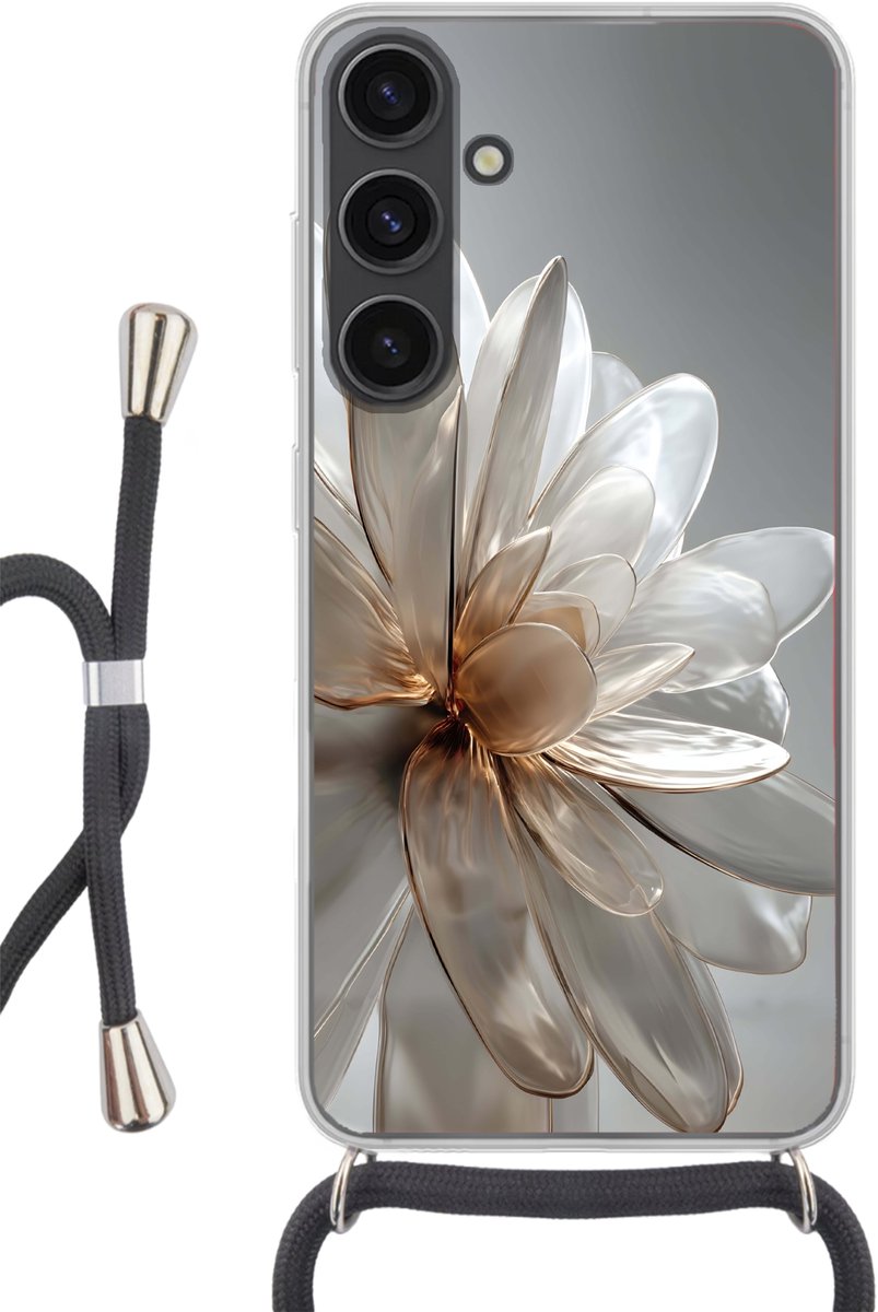 Telefoonhoesje Geschikt voor Samsung Galaxy S24 - Bloem - Wit - Neutraal - Siliconen - Crossbody - Backcover met Koord - Telefoonhoesje met koord - Hoesje met touw Telefoonhoesje