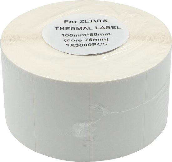 Verpakking met witte, blanco etiketten voor Zebra printers, 100x60mm, 3000 stuks.