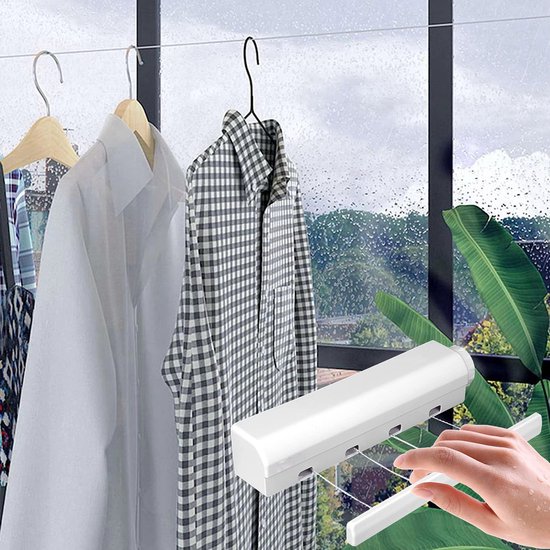 Étendoir à linge enroulable CHIWIN - Étendoir à linge mural extensible pour balcon, salle de bain, intérieur et extérieur - Étendoir à linge invisible extensible avec Crochet - Compact et peu encombrant - Wit