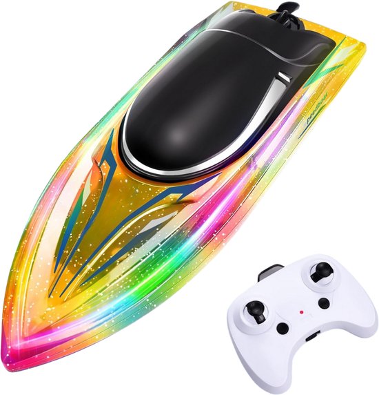 Goodivery® - Bestuurbare Boot - 2,4 GHz RC Boot - Motorboot Op Afstand Bestuurbare Kinderen Met Drie Modi LED-Licht En 2 Batterijen - 15 KM - H Raceboot - Speedboot Voor Zeeën - Zwembaden En Meren - Geel