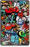 Zwarte tablethoes met een gedetailleerde, kleurrijke graffiti print.