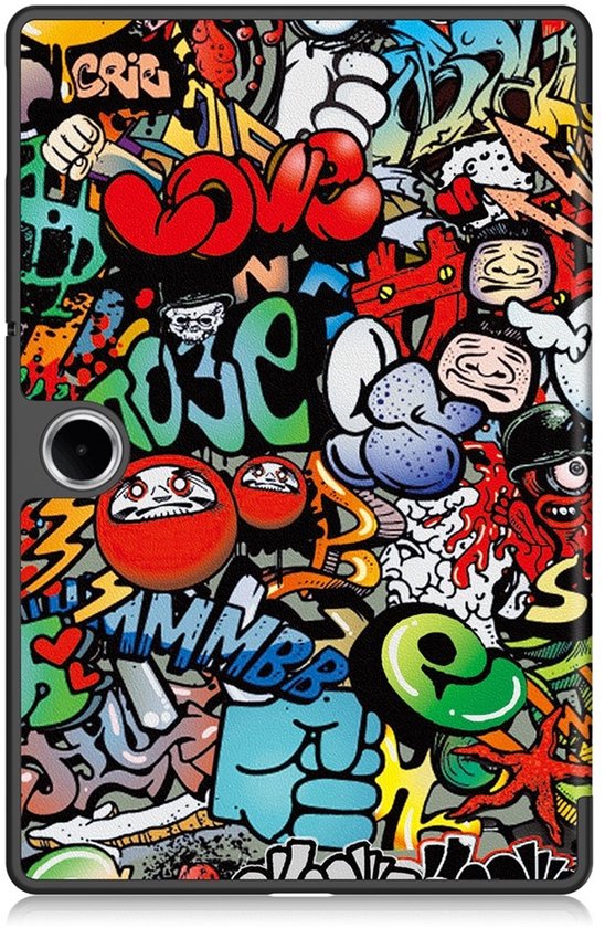 Zwarte tablethoes met een gedetailleerde, kleurrijke graffiti print.