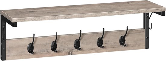 HOOBRO Wandkapstok, Wandhaak met legplank, Wandrek met 7 haken, Wandgarderobe, voor hal, woonkamer, slaapkamer, industriële stijl, Wit EWT16YM01