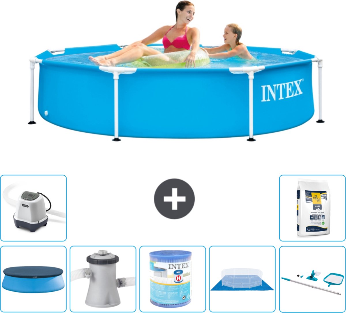 Intex Metal Frame Intex Rond Frame Zwembad 244 x 51 cm Blauw Inclusief Afdekzeil Zwembadfilterpomp Filter Grondzeil Schoonmaakset Zoutwatersysteem Zwembadzout