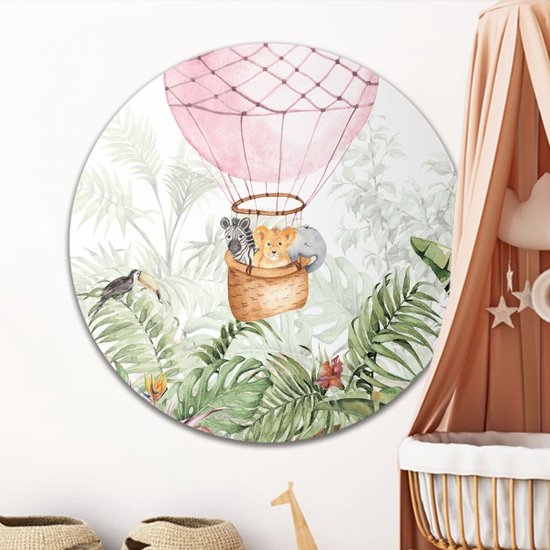 Muurcirkel Babydiertjes in luchtballon roze - Wallz | Forex | Ø 80cm | Inclusief ophangsysteem