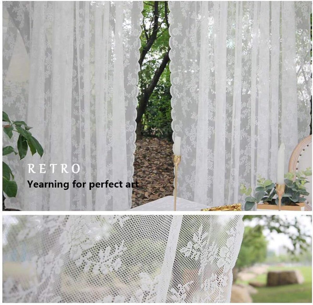 Set van 2 witte transparante gordijnen: wit kanten gordijnen, H 200 x B 150 cm, tule gordijn, witte gordijnen met bloemenborduurwerk, transparant gordijn voor woonkamer, terras, slaapkamer
