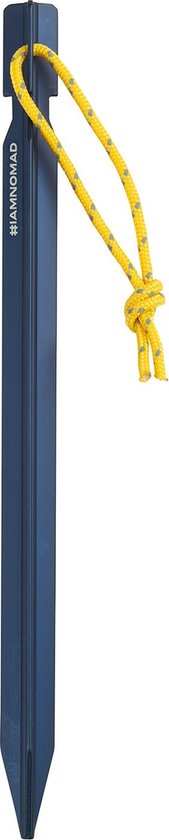 Donkerblauwe Y-vormige tentharing van 18 cm met geel trekkoord. Bevat #IAMNOMAD.