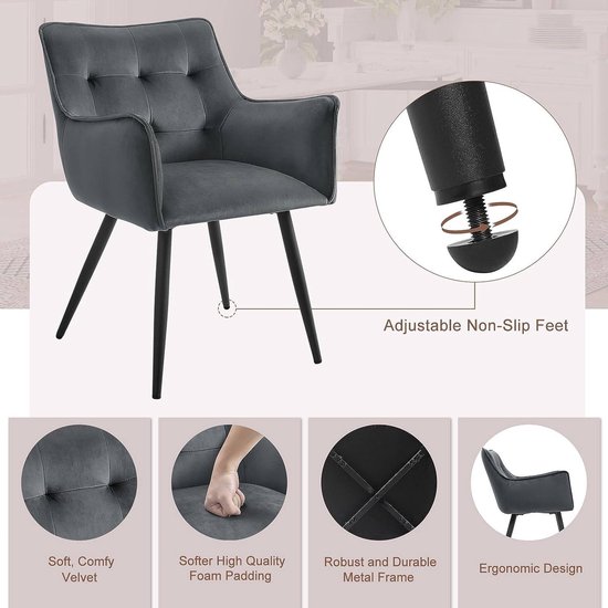 HOMCOM Eetkamerstoelen, Set Van 2, Scandinavisch Design, Zwart Met Donkergrijze Linnen Bekleding