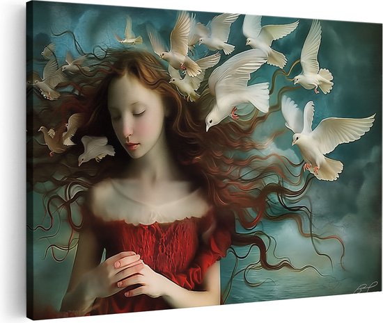 Artaza Canvas Schilderij Meisje met een Rode Jurk en Witte Duiven - 30x20 - Klein - Foto Op Canvas - Canvas Print