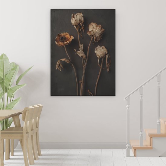 Artaza Tableau sur Toile Trois Fleurs Séchées sur Fond Noir - 90x120 - Décoration murale - Photo sur Toile - Impression sur Toile