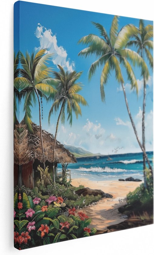 Artaza Canvas Schilderij Kunstwerk van een Strandtafereel met Palmbomen en een Hut - 30x40 - Klein - Foto Op Canvas - Canvas Print