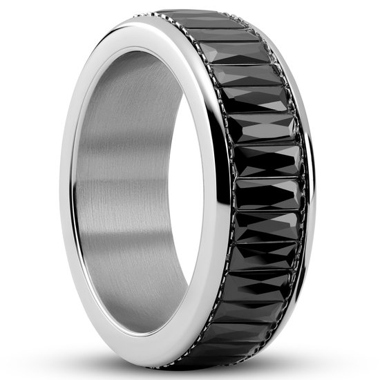 Enthumema | 8 mm Zilverkleurige Roestvrijstalen & Zwarte Fidget Ring met Zirkonen