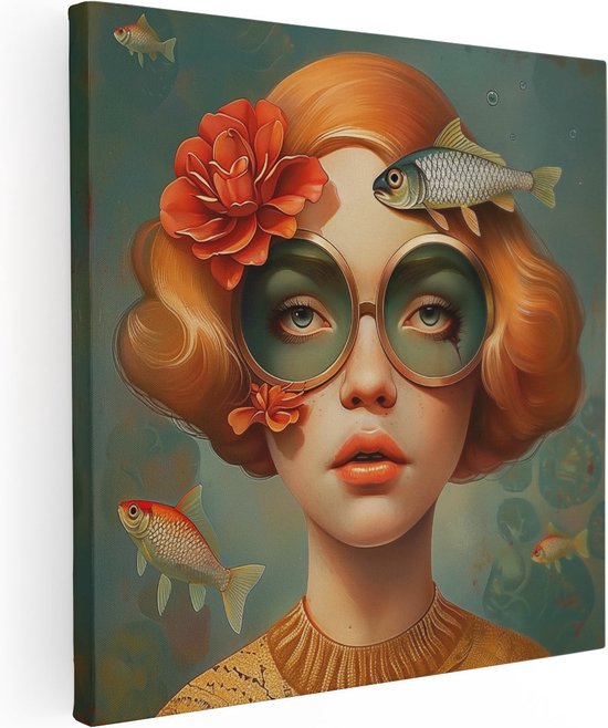 Artaza Peinture sur toile Fille avec poisson sur la tête - 80 x 80 - Groot - Photo sur toile - Impression sur toile