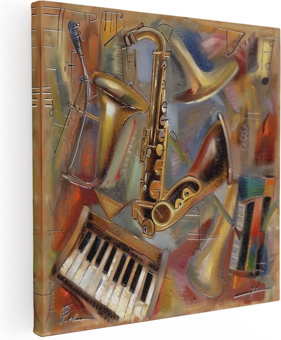 Artaza Canvas Schilderij Saxofoons, Keyboards en andere Muziekinstrumenten - 80x80 - Groot - Foto Op Canvas - Canvas Print