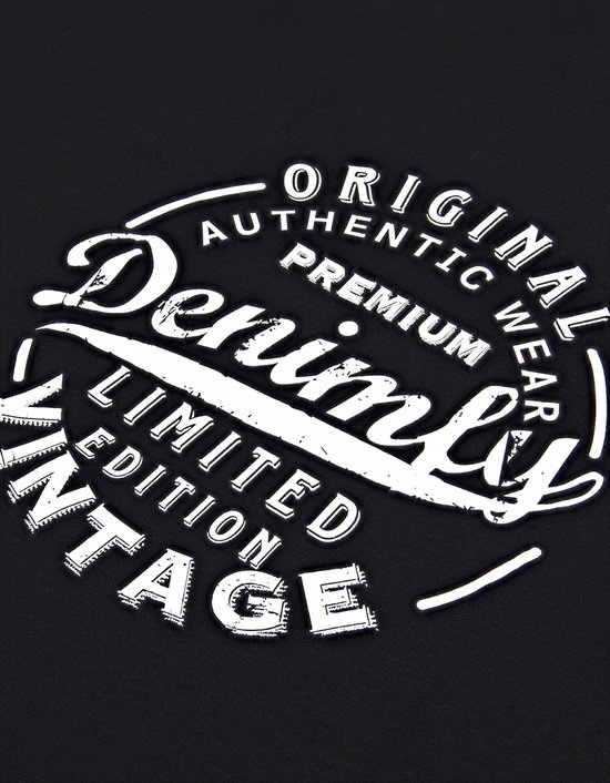 Zwart t-shirt met witte cirkelvormige print: "ORIGINAL AUTHENTIC WEAR", "PREMIUM", "Denimfy", "LIMITED EDITION", "VINTAGE".