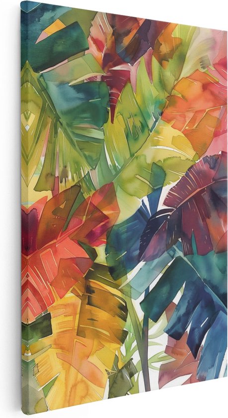 Artaza Canvas Schilderij Kleurrijk Aquarelkunstwerk van Tropische Bladeren - 80x120 - Groot - Foto Op Canvas - Canvas Print