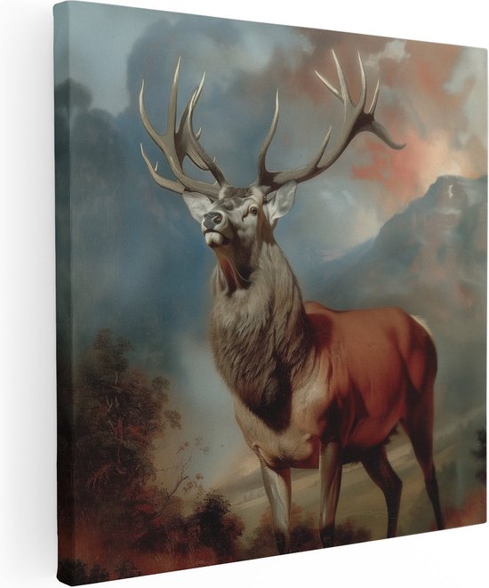 Artaza Canvas Schilderij Herten Staan ​​In een Veld met Bergen op de Achtergrond - 60x60 - Muurdecoratie - Foto Op Canvas - Canvas Print