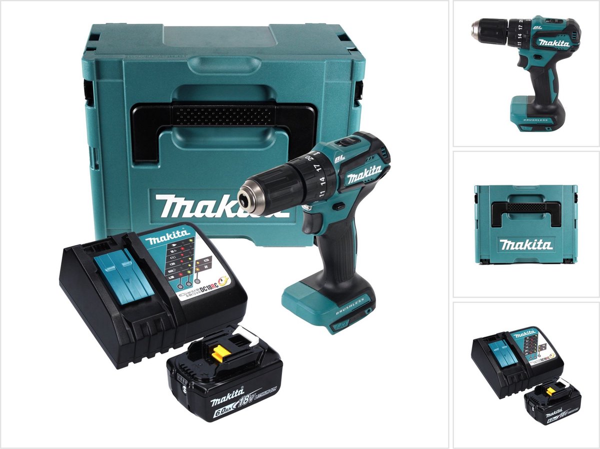 Makita DHP 483 RG1J accu-klopboormachine 18 V 40 Nm + 1x accu 6,0 Ah + oplader + Makpac