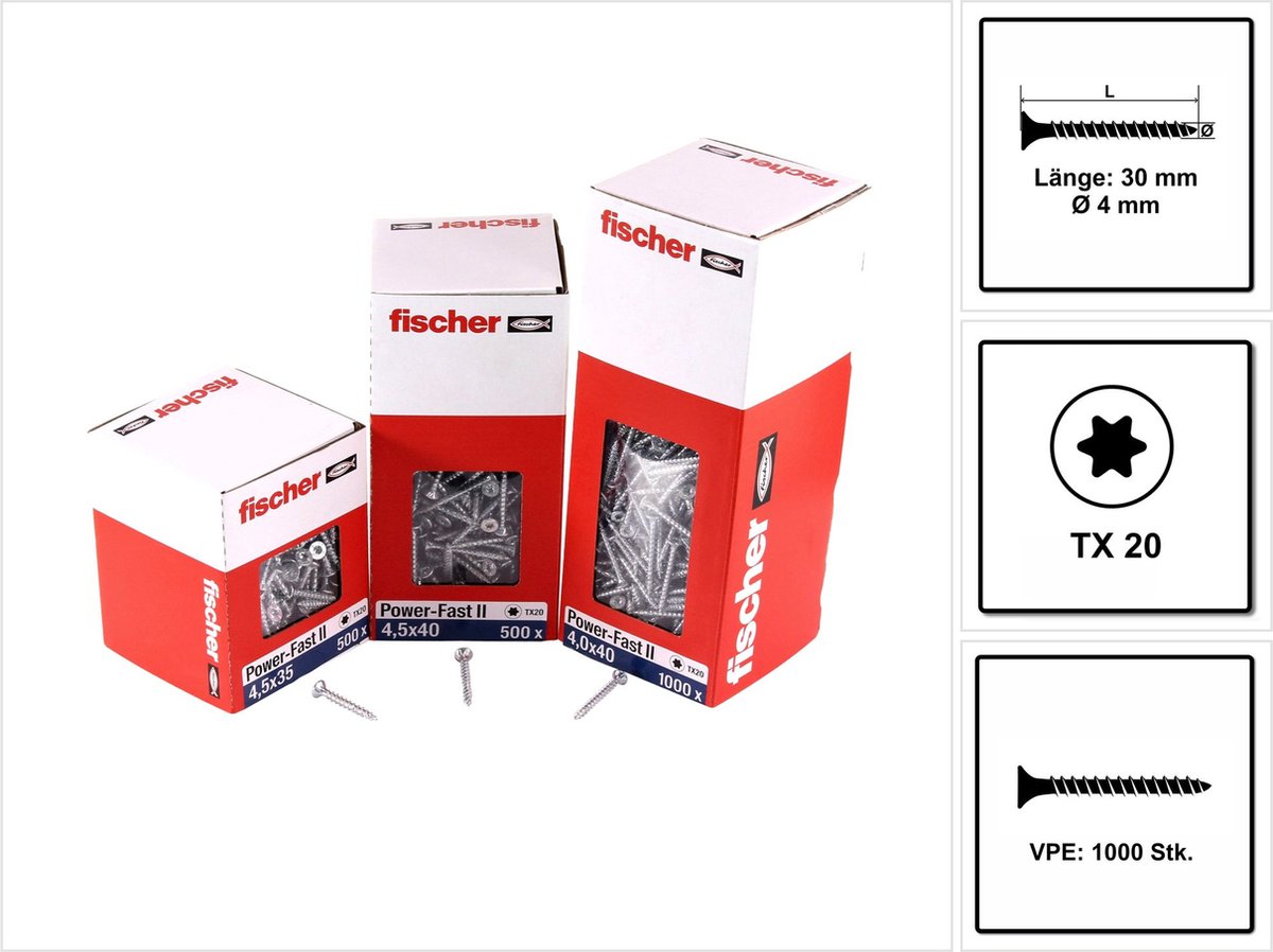 Fischer 1.000x Power-Fast II FPF II CTF 4 x 30 mm BC verzonken kop met binnenzeskant TX20 volledig schroefdraad gegalvaniseerd blauw gepassiveerd - 670154