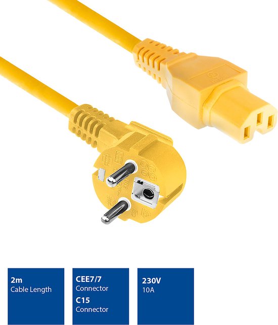 Câble D’alimentation CEE7/7 Vers C15 – 1 M, Jaune, 10A Max – Pour Switch Réseau, Serveur, Appareils Chauds