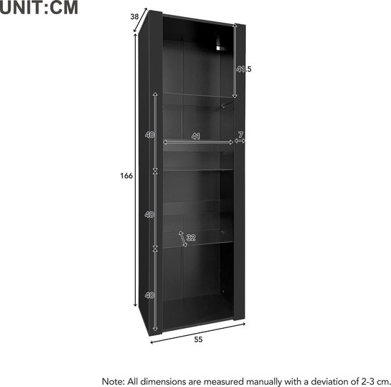 Sweiko Vitrine noire brillante avec éclairage LED, 3 compartiments en verre, 55*38*166 cm, vitrine, armoire sur pied, armoire haute, armoire de rangement