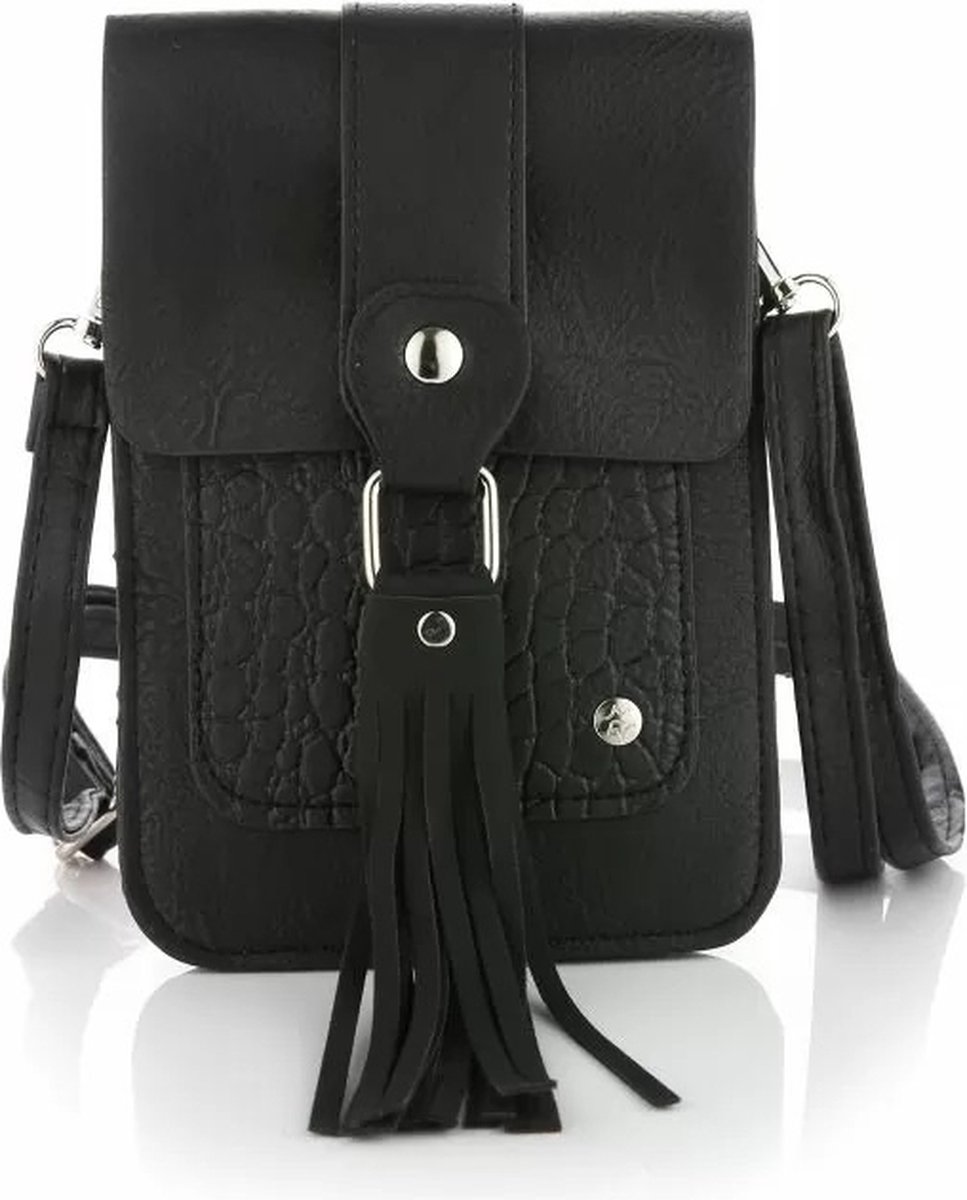 Michelle | Telefoontasje | Crossbody | Effen met croco accent | Franjes | Zwart