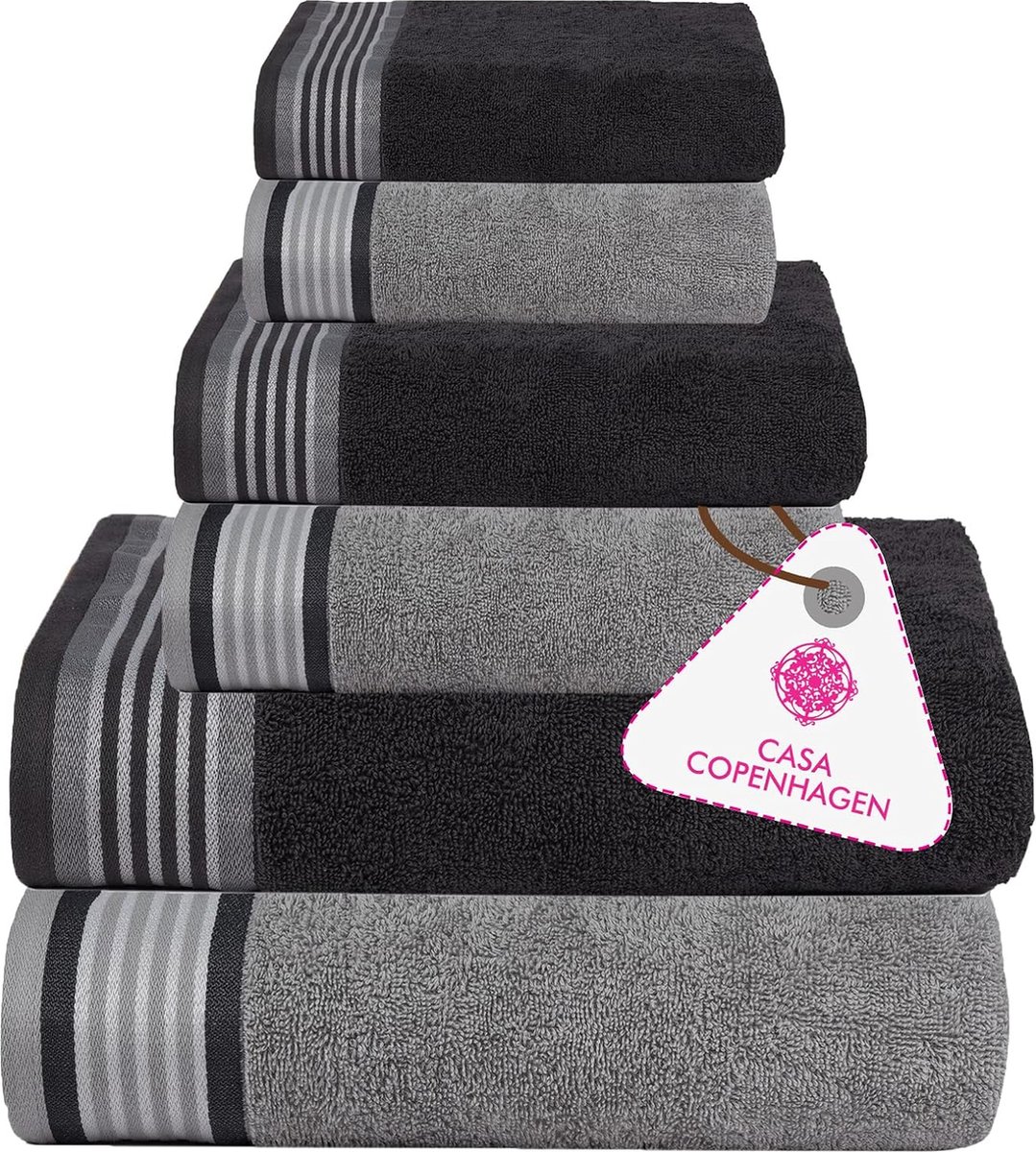 6-delige handdoekenset, grenengrijs + grijspaars, 550 g/m², 2 badhanddoeken, 2 handdoeken, 2 washandjes van zacht Egyptisch katoen voor badkamer, keuken en douche