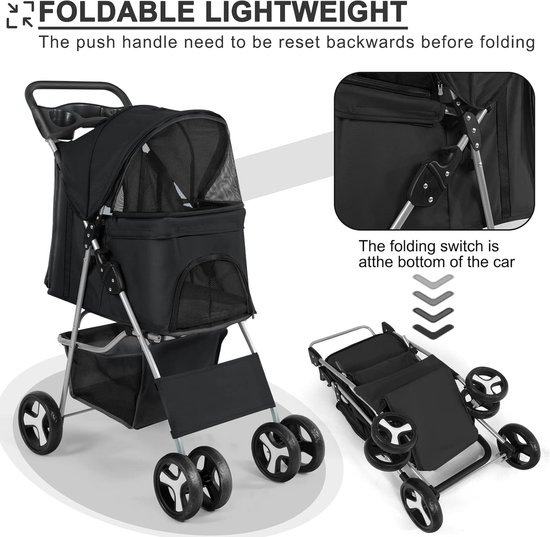 Opvouwbare Hondenbuggy 4 Wielen voor Kleine Honden en